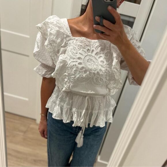 Miou Muse white, embroidered, square-neck detailed blouse size M - Picture 2 of 7